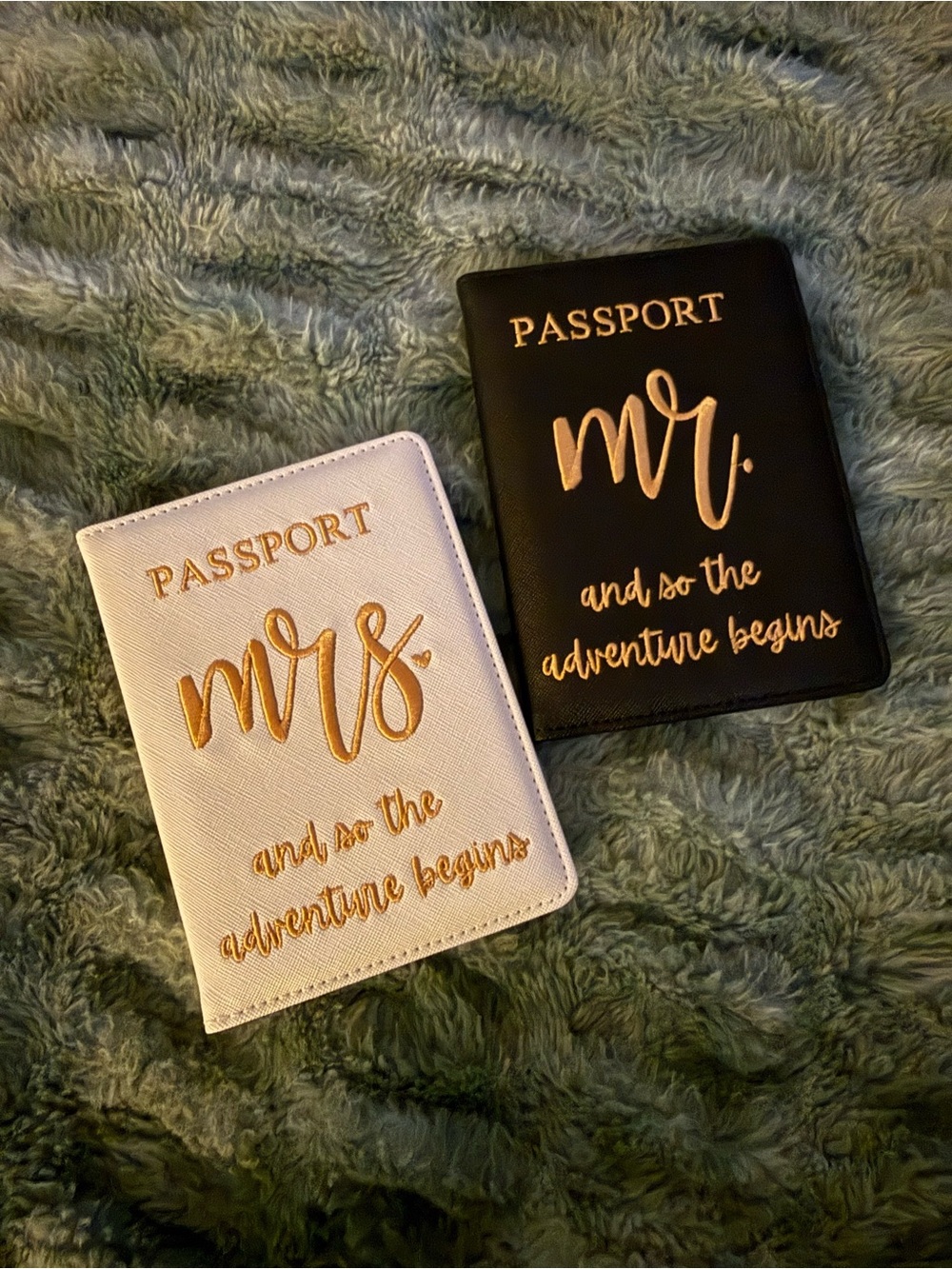 Passport Cover Set - White Mrs. and Black Mr. with Gold Embroidery